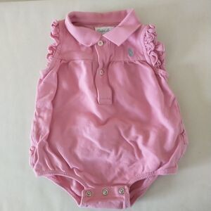 Ralph Lauren Bubble Romper Baby Girl 6M Pink Pique Shortall Ruffle Polo Collared
